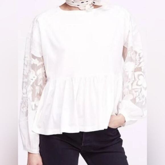 Free People Cream White Embroidered Penny Tee Long Sleeve Blouse Size S - Picture 1 of 8